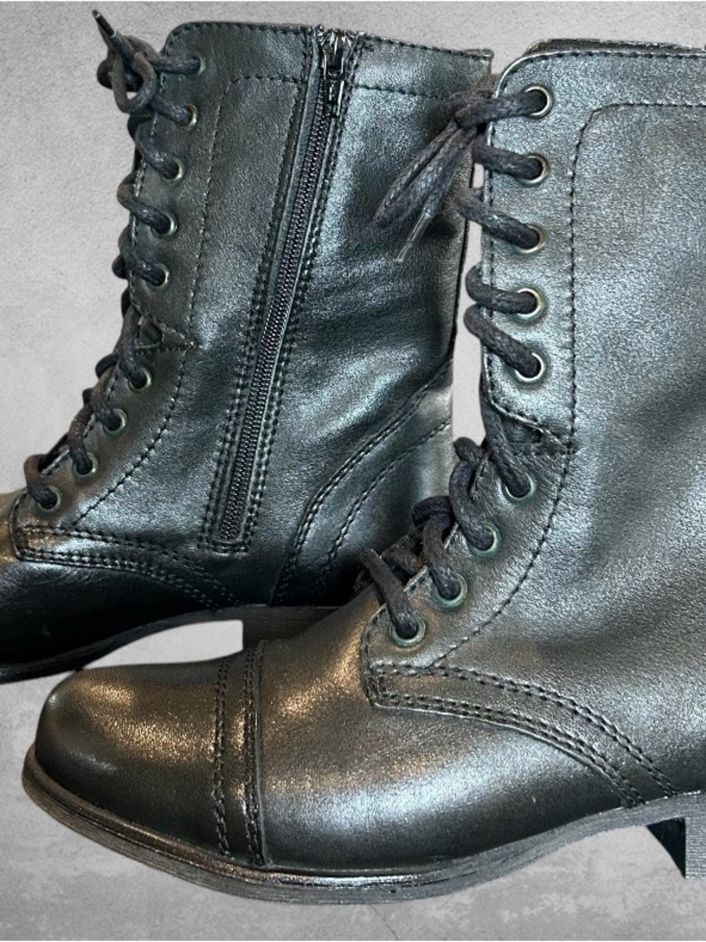 Steve Madden Troopa Combat Boots Black Leather Lace-Up Side Zip